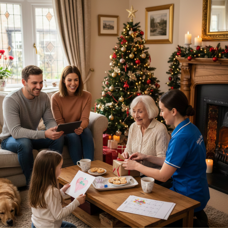 A friendly home care professional visiting a senior in Leicestershire to provide companionship during the Christmas holiday season.